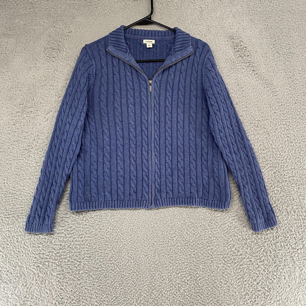 LL Bean Sweater Womens L Petite Blue Cable Knit Zip Up New England 100% Cotton